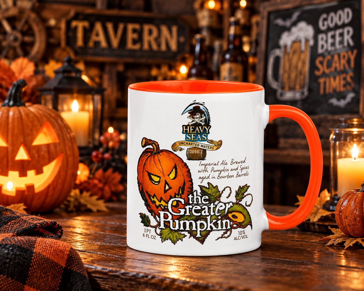 The Greater Pumpkin Halloween ceramic coffee mug with vintage pumpkin beer artwork and orange accent handle