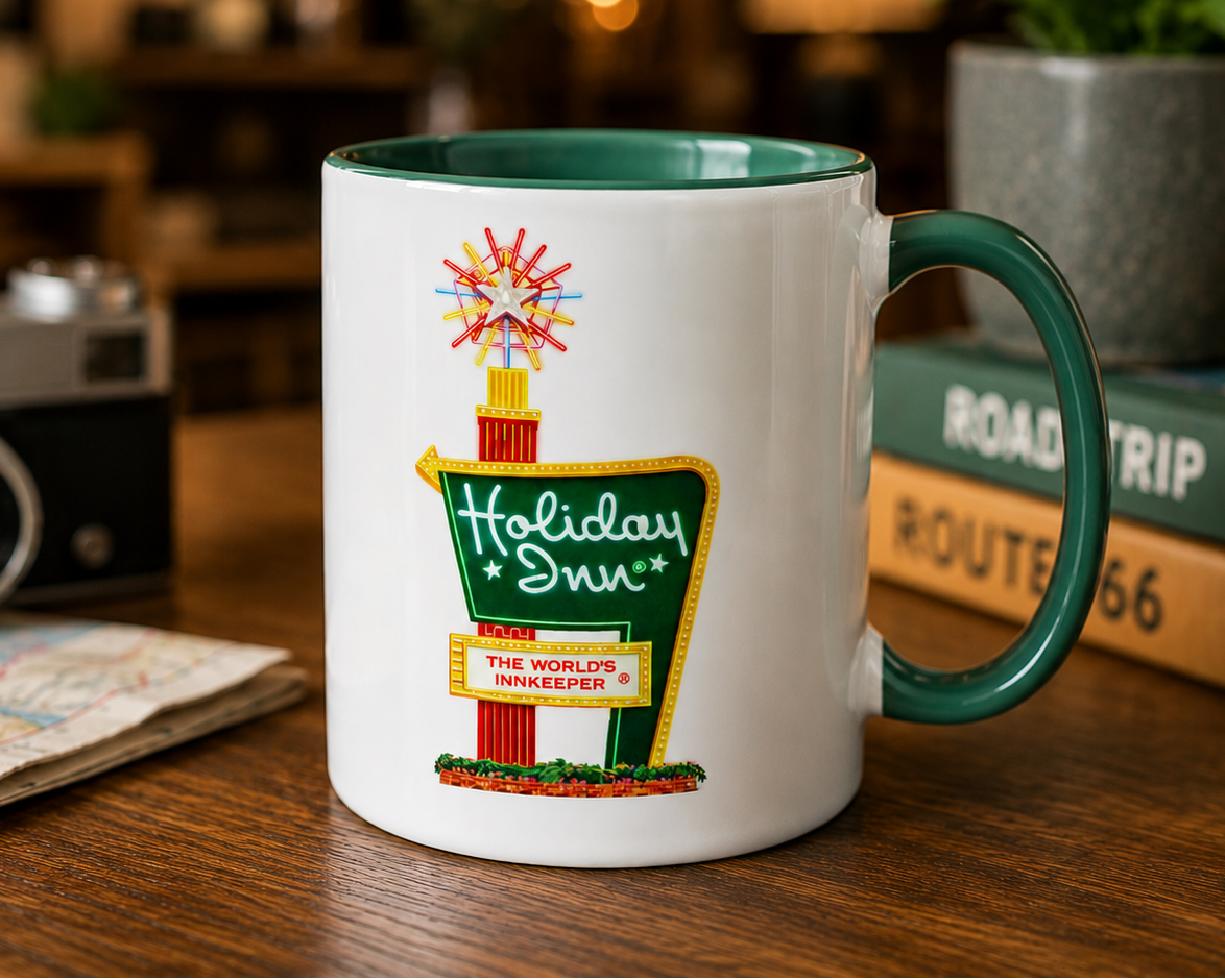 Vintage Holiday Inn sign coffee mug featuring the classic “World’s Innkeeper” roadside neon sign design, perfect for travel memorabilia collectors and retro motel enthusiasts.