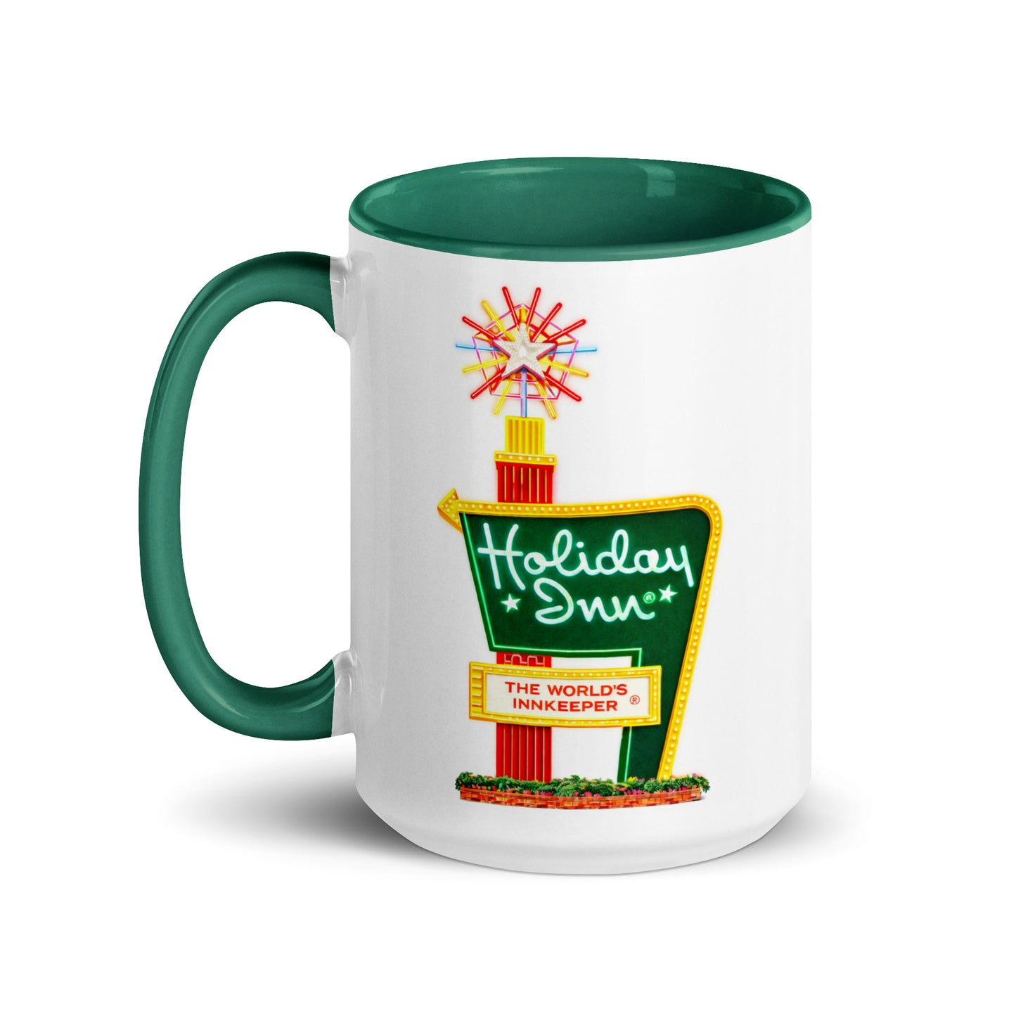 Vintage Holiday Inn sign coffee mug featuring the iconic World’s Innkeeper roadside sign, perfect for retro travel fans, road trip lovers, and motel memorabilia collectors.