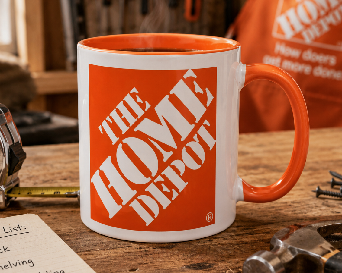 Home Depot logo coffee mug with orange accent handle and interior, featuring the iconic home improvement store logo on a white ceramic coffee cup.