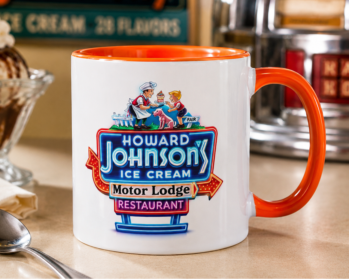 Vintage Howard Johnson's Motor Lodge Restaurant coffee mug featuring the iconic neon roadside sign design with orange accent handle, perfect for travel nostalgia and Americana collectors.