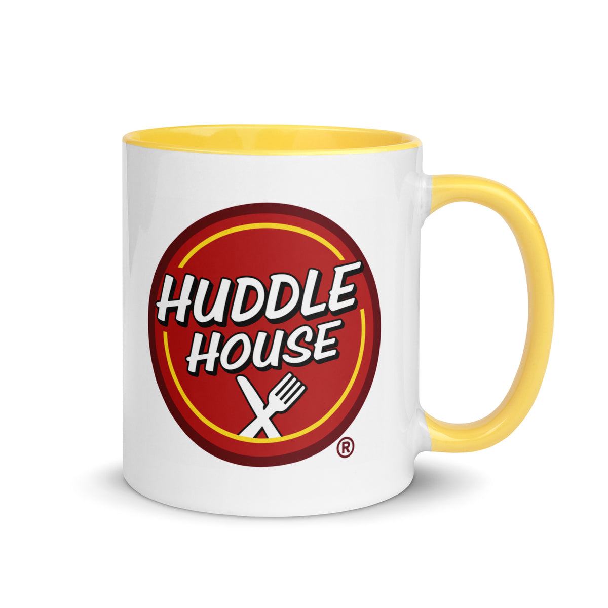 Huddle House 11 oz coffee mug with classic restaurant logo and yellow handle