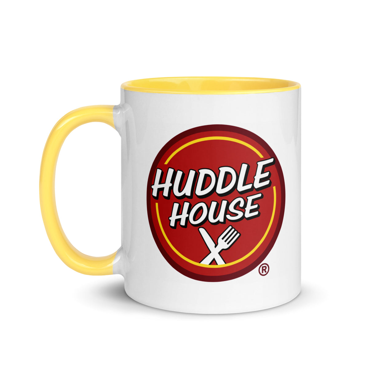 Huddle House coffee mug with retro red restaurant logo, yellow interior and matching handle
