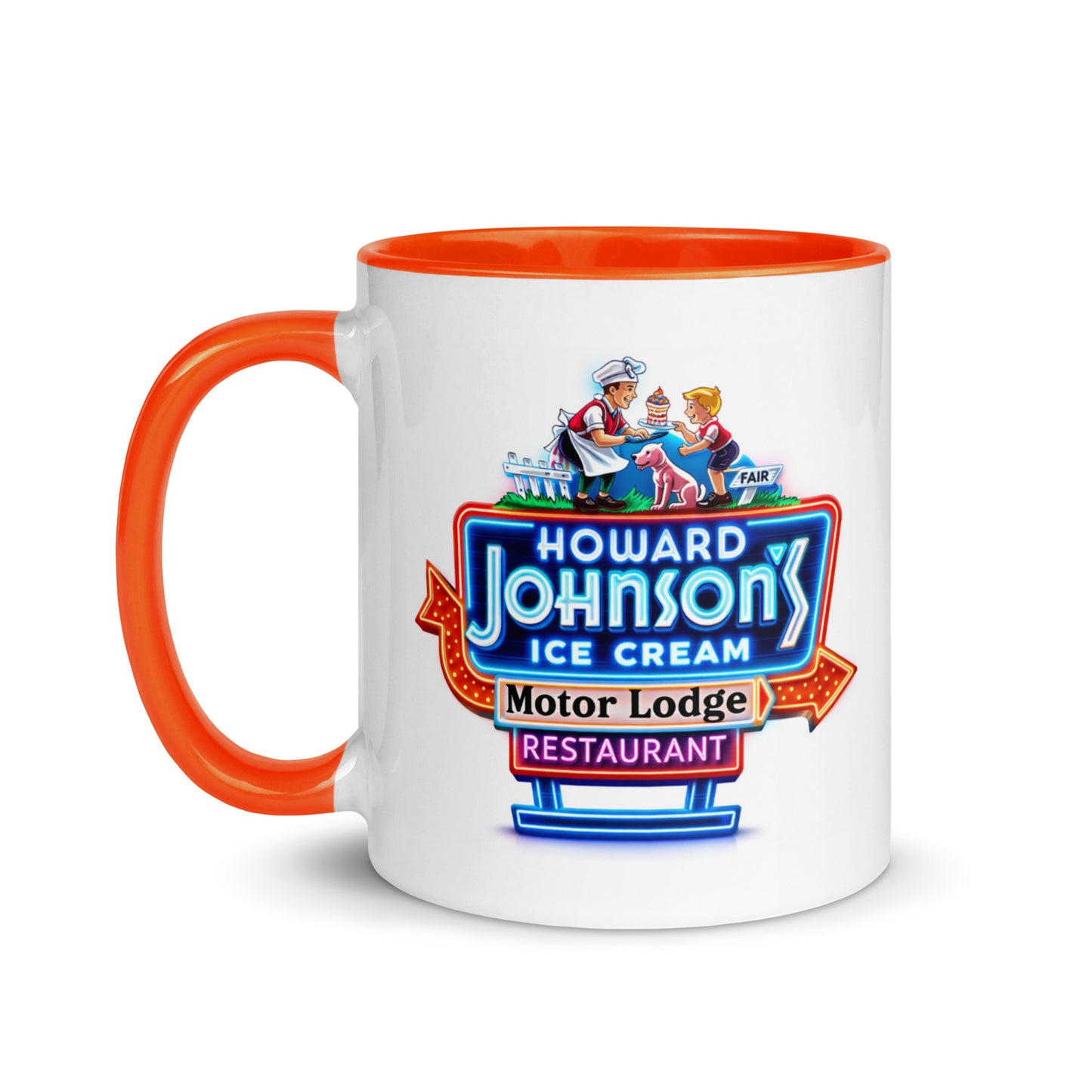 Retro Howard Johnson's roadside sign coffee mug featuring classic motel, restaurant, and ice cream branding, ideal for road trip enthusiasts, motel memorabilia fans, and vintage Americana collectors.