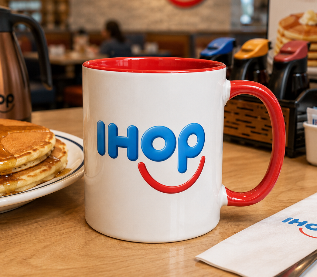 IHOP coffee mug with classic pancake house logo, red handle and interior, 11oz ceramic breakfast-themed mug for coffee lovers and restaurant memorabilia collectors.