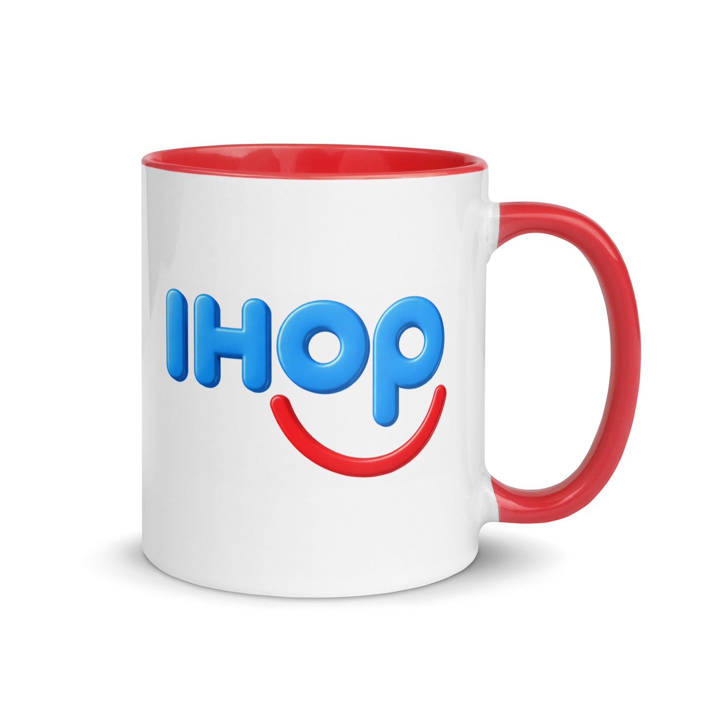 IHOP coffee mug with classic pancake house logo, red handle and interior, 11oz ceramic breakfast-themed mug for coffee lovers and restaurant memorabilia collectors.