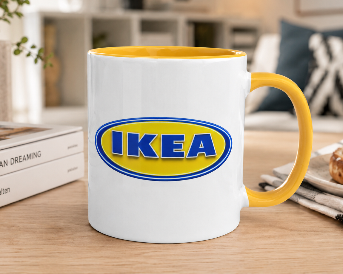 Retro IKEA logo coffee mug inspired by classic Swedish furniture store branding, ideal for home design lovers, IKEA enthusiasts, and vintage logo collectors.