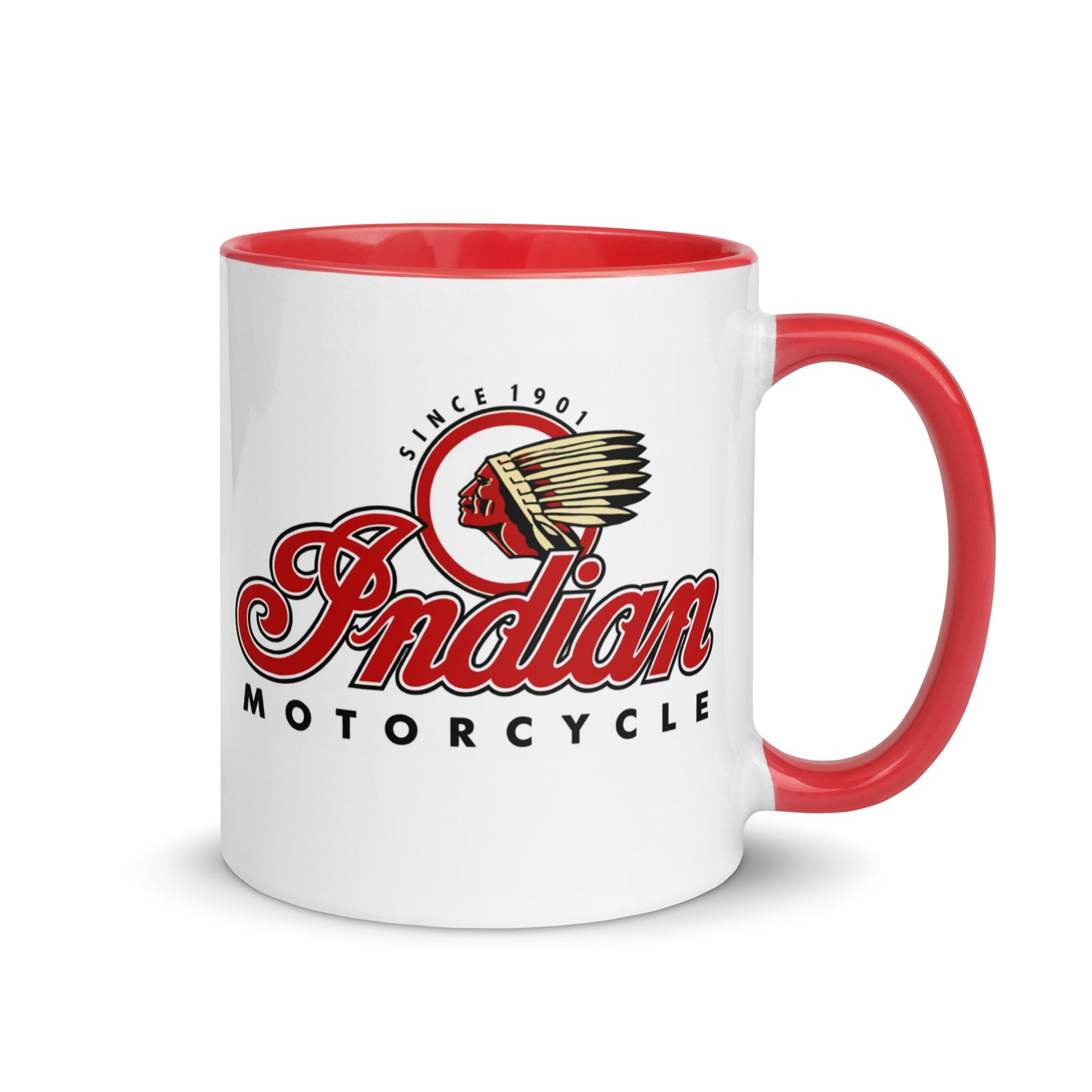 Indian Motorcycle logo coffee mug featuring the classic heritage motorcycle brand design, perfect for motorcycle enthusiasts, riders, vintage advertising collectors, and garage décor.