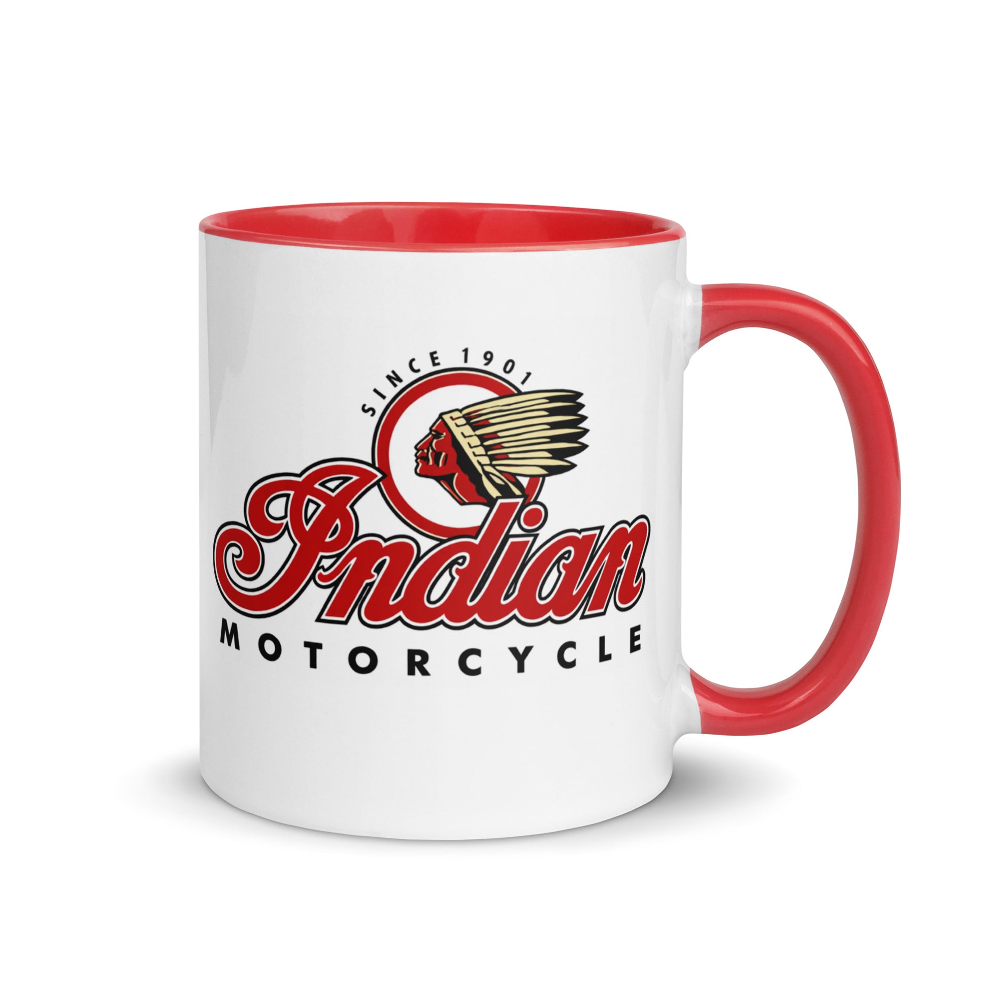 Indian Motorcycle logo coffee mug featuring the classic heritage motorcycle brand design, perfect for motorcycle enthusiasts, riders, vintage advertising collectors, and garage décor.