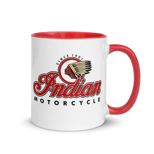 Indian Motorcycle logo coffee mug featuring the classic heritage motorcycle brand design, perfect for motorcycle enthusiasts, riders, vintage advertising collectors, and garage décor.