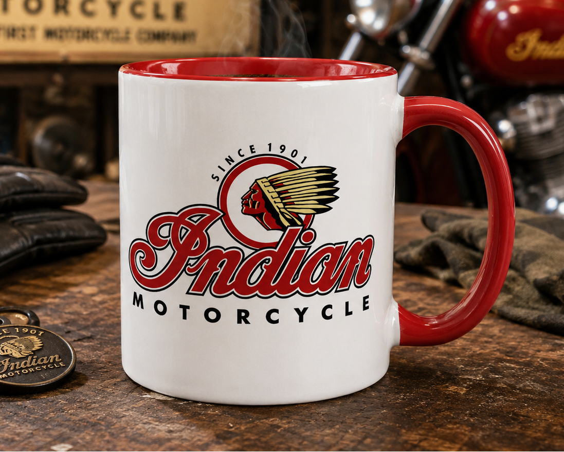 Indian Motorcycle logo coffee mug featuring the classic heritage motorcycle brand design, perfect for motorcycle enthusiasts, riders, vintage advertising collectors, and garage décor.