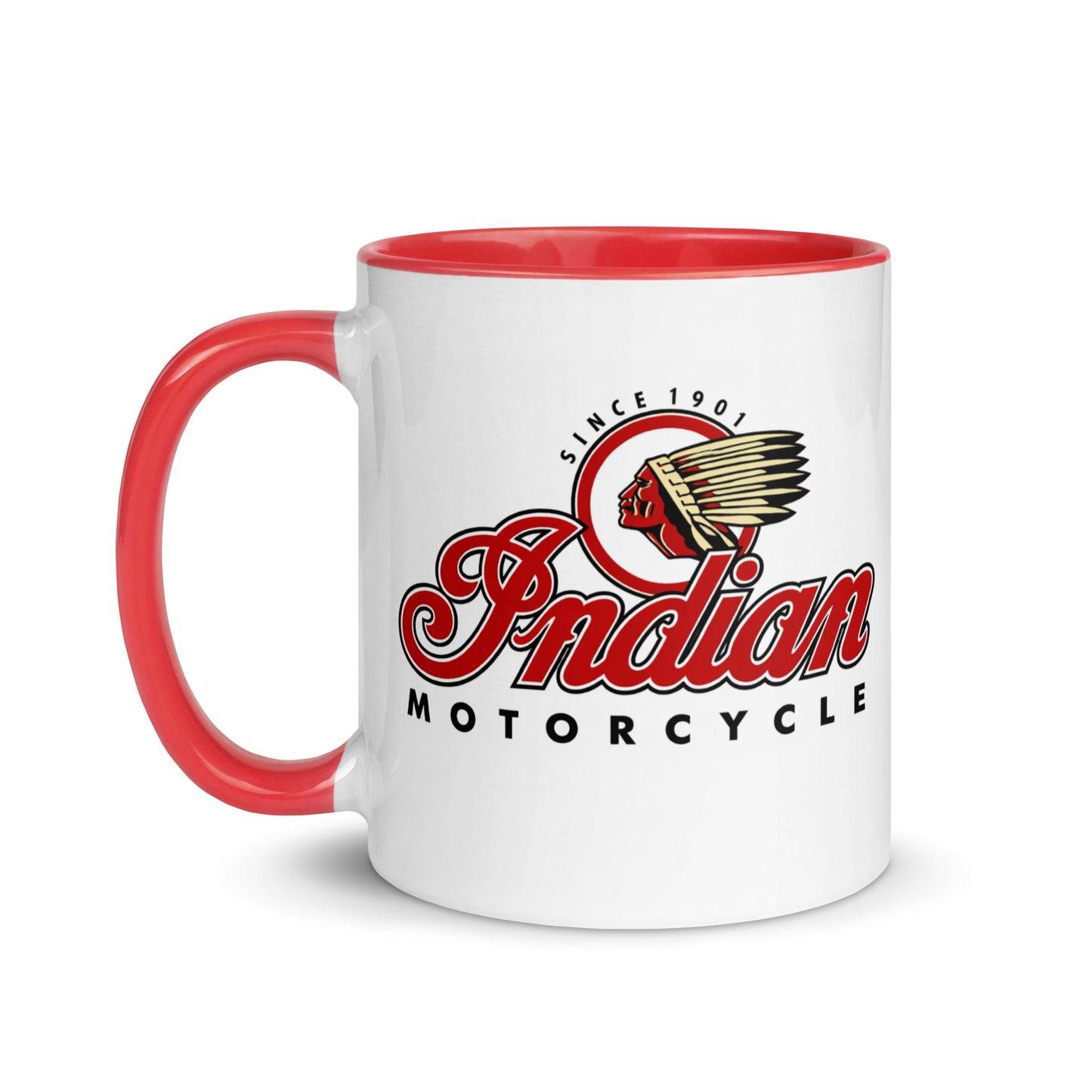 Vintage Indian Motorcycle ceramic coffee mug with iconic script logo and Native American head emblem, ideal for biker gifts, motorcycle memorabilia collectors, and classic motorcycle fans.