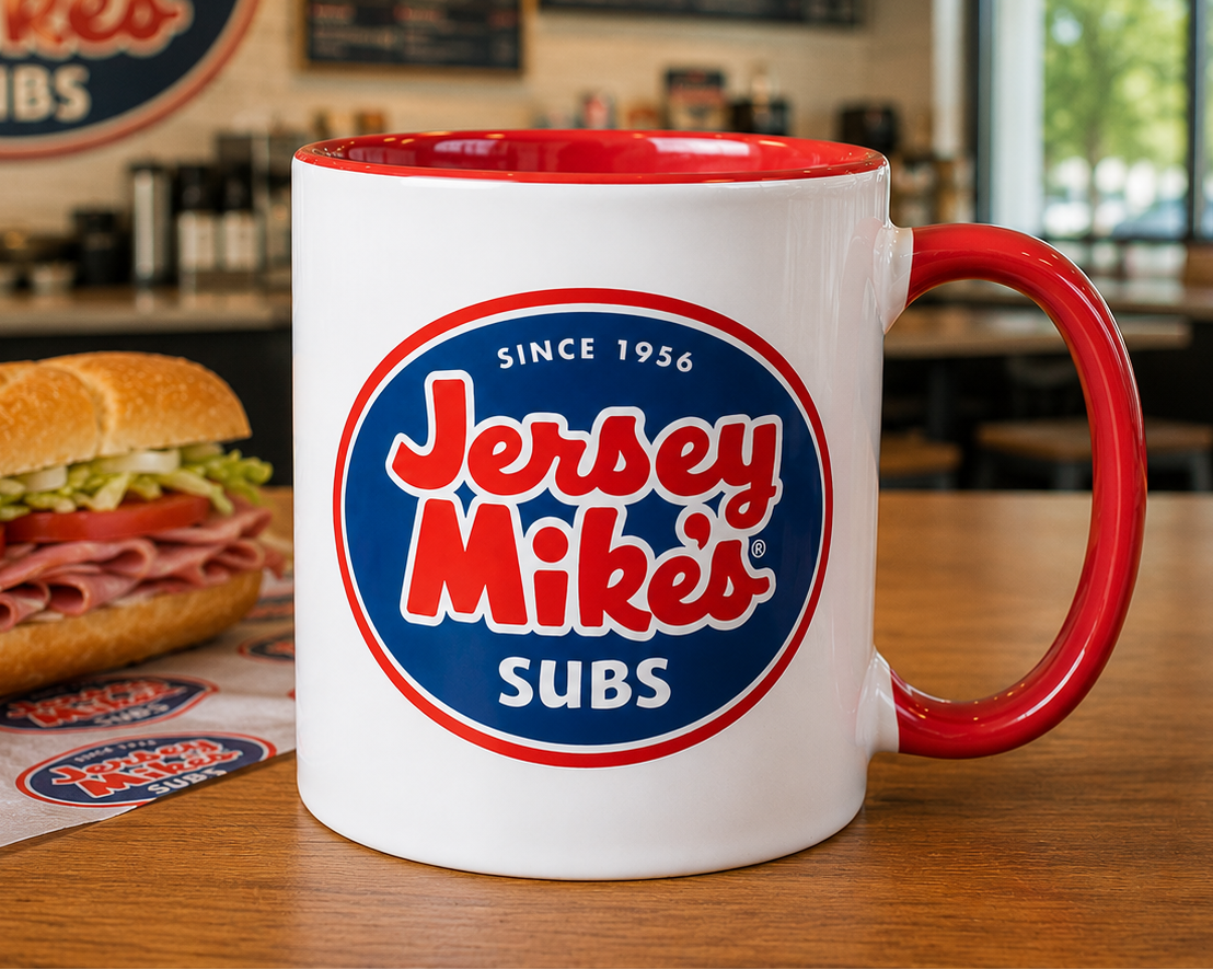 Classic Jersey Mike’s Subs ceramic coffee mug with iconic restaurant branding, ideal for deli fans, fast-casual restaurant collectors, office coffee stations, and unique gift giving.