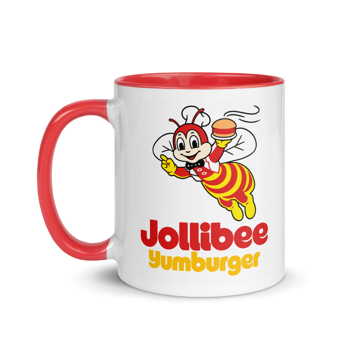Retro Jollibee Yumburger ceramic coffee mug with bee mascot burger artwork and red accent handle