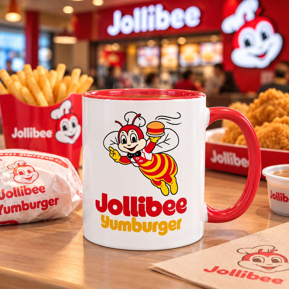 Jollibee coffee mug featuring classic bee mascot with Yumburger, red handle and colorful restaurant logo design