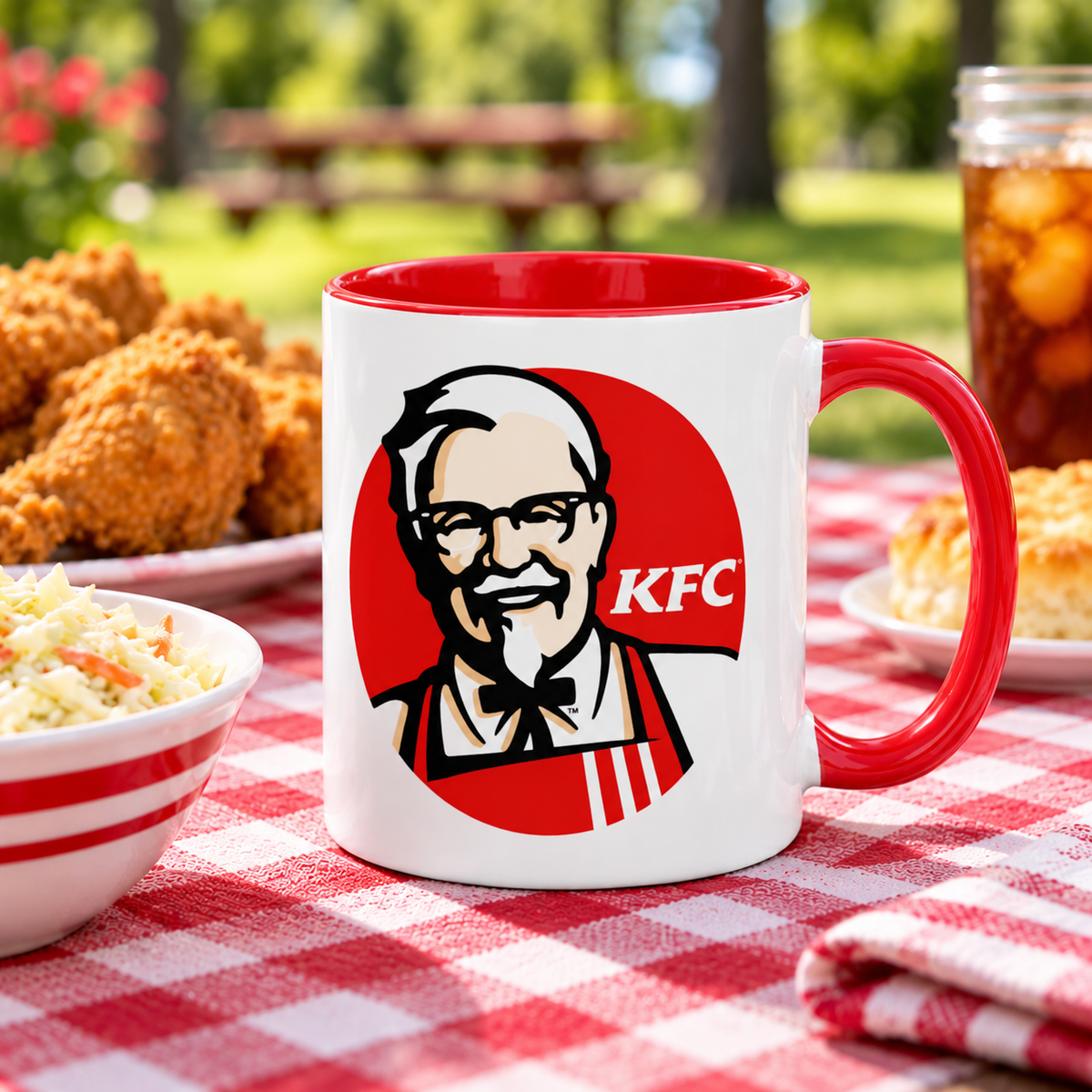 KFC coffee mug featuring classic Colonel Sanders Kentucky Fried Chicken logo on white ceramic 11 oz mug