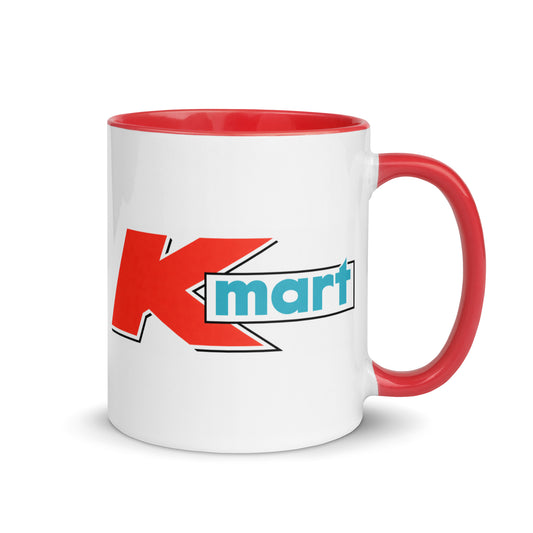 Kmart logo coffee mug with red accent handle and interior, featuring the iconic retail store branding on a white ceramic mug for collectors, nostalgia lovers, and vintage retail fans.