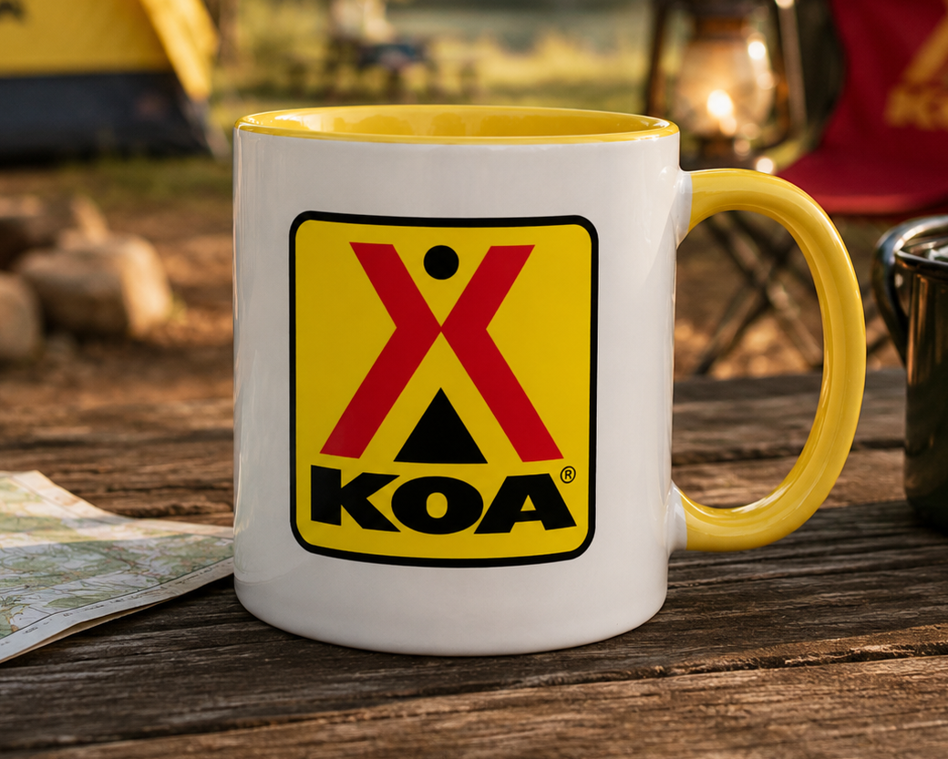 KOA Kampgrounds of America logo coffee mug featuring the classic yellow, red, and black KOA emblem on a white ceramic mug with yellow handle and interior, perfect for RV travelers and camping enthusiasts.