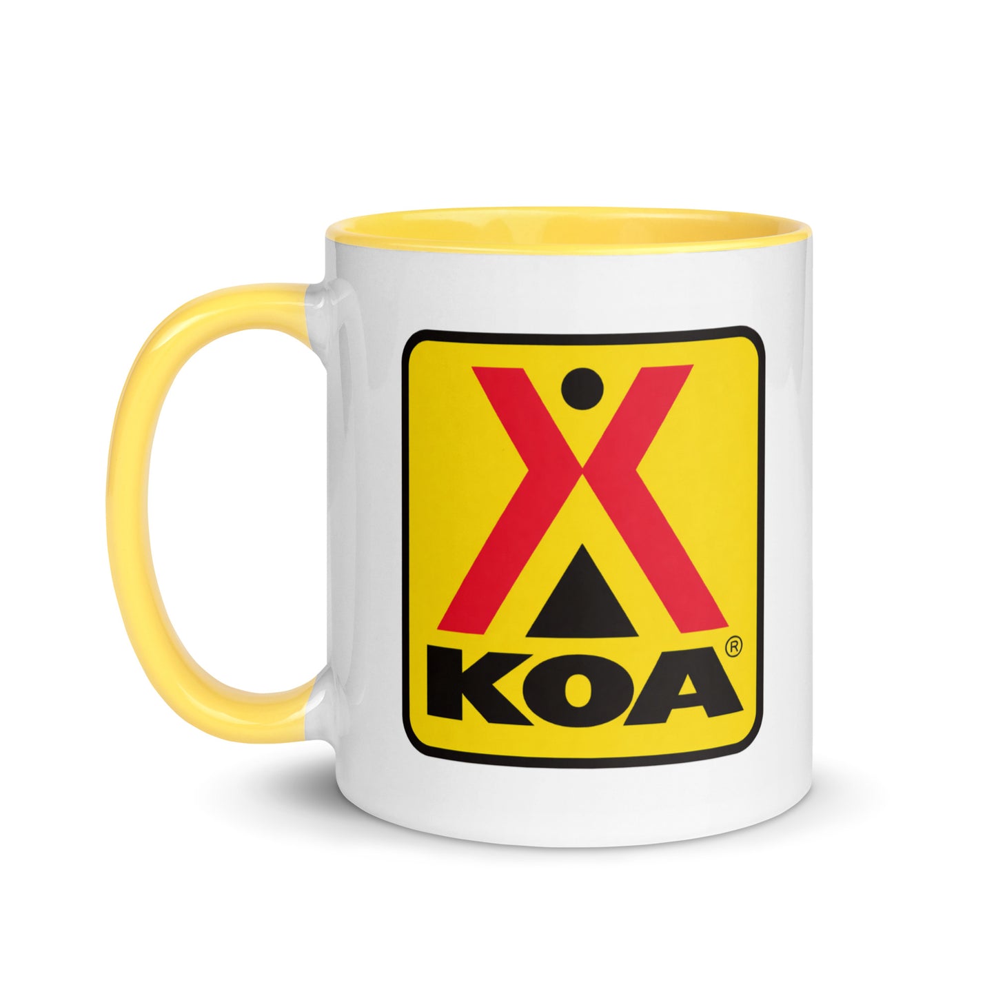 KOA camping logo mug with vintage Kampgrounds of America branding, ceramic coffee cup gift for campers, road trip adventurers, RV owners, and outdoor lifestyle fans.