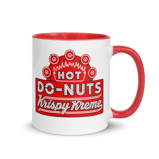 Krispy Kreme Hot Doughnuts neon sign coffee mug featuring a vintage-inspired red neon design on a white ceramic mug with red handle and interior, perfect for doughnut lovers and nostalgic kitchen décor.