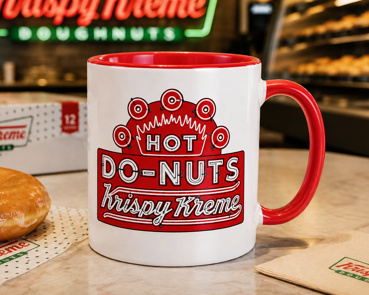 Krispy Kreme Hot Doughnuts neon sign coffee mug featuring a vintage-inspired red neon design on a white ceramic mug with red handle and interior, perfect for doughnut lovers and nostalgic kitchen décor.
