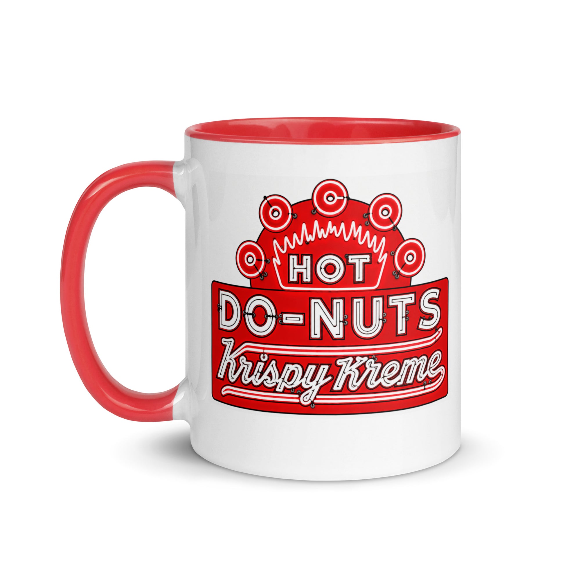 Vintage Krispy Kreme Hot Doughnuts logo ceramic coffee mug with classic neon sign artwork, ideal gift for donut fans, bakery enthusiasts, collectors, and retro Americana memorabilia lovers.
