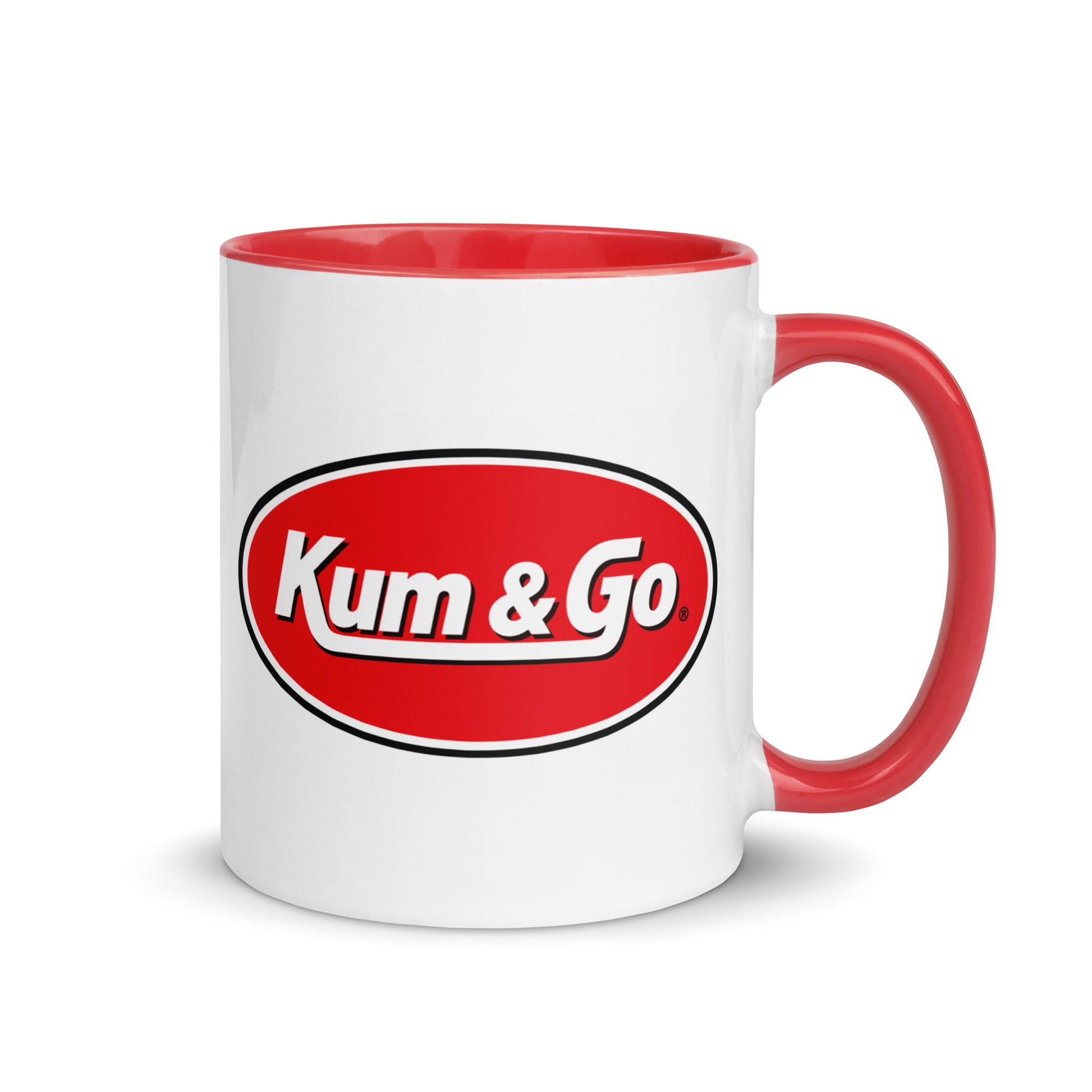 Kum & Go coffee mug with classic convenience store logo, red handle and interior, 11oz ceramic mug for road trip enthusiasts and Americana collectors