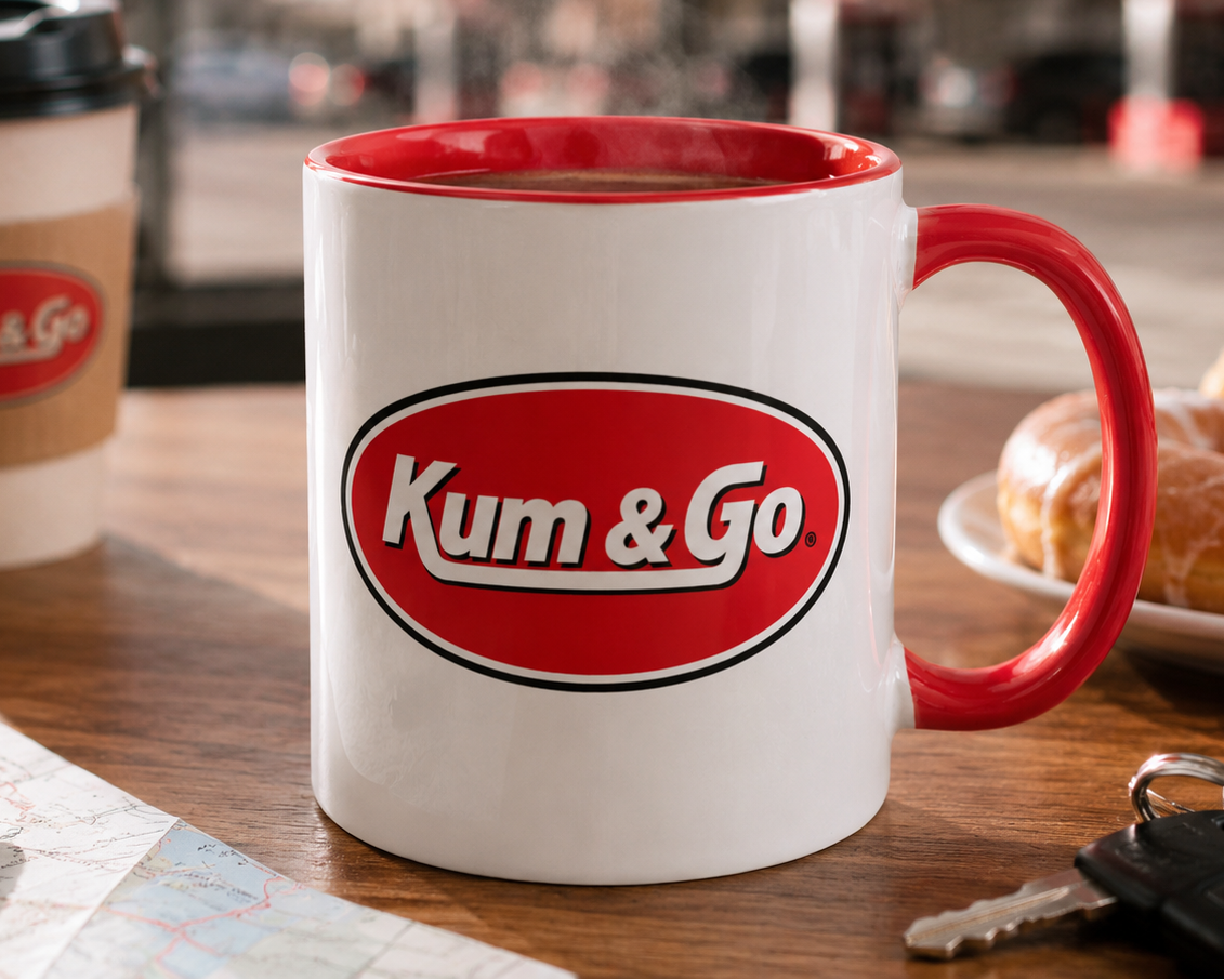 Kum & Go coffee mug with classic convenience store logo, red handle and interior, 11oz ceramic mug for road trip enthusiasts and Americana collectors