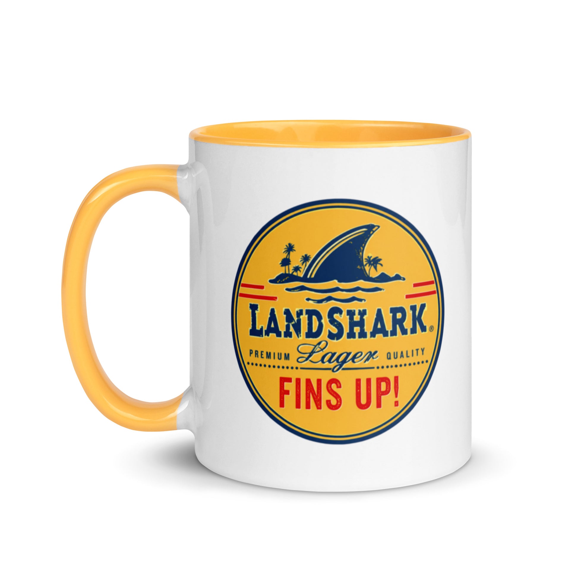 LandShark Lager Fins Up coffee mug with retro tropical shark logo, yellow handle and colorful beach-inspired design