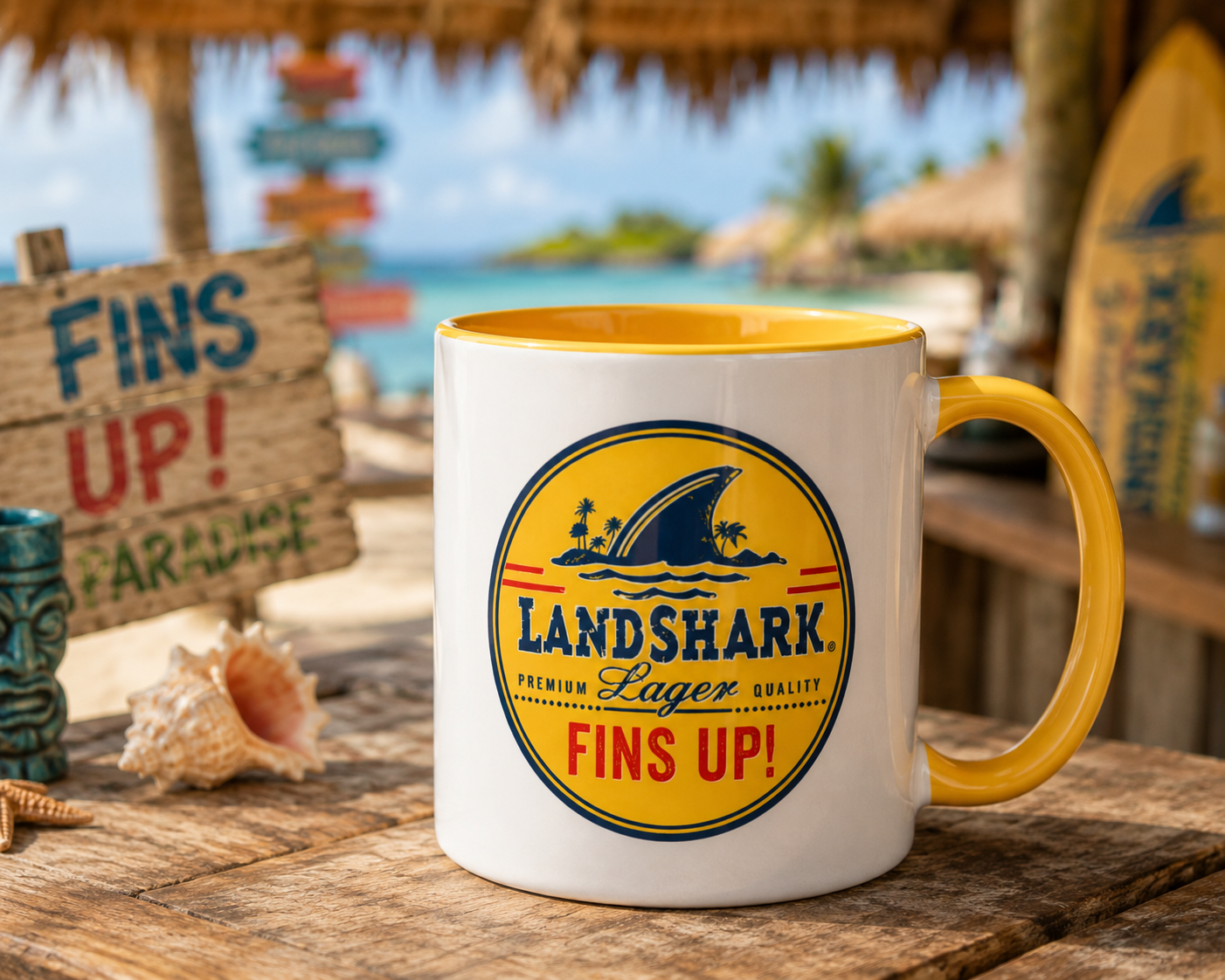 LandShark Lager coffee mug featuring Fins Up shark fin and tropical island logo on white ceramic with yellow accents