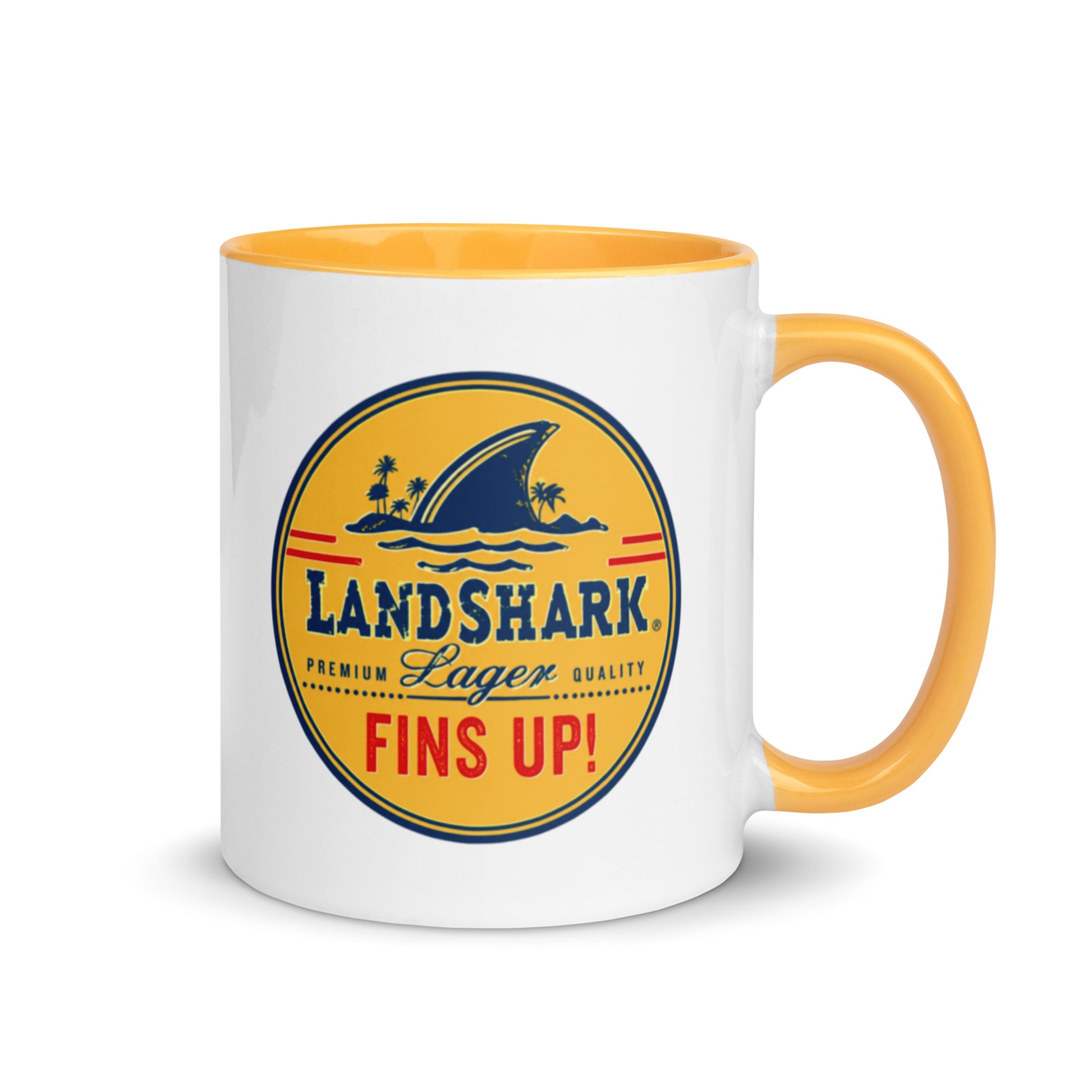 LandShark Lager Fins Up 11 oz ceramic coffee mug with classic shark fin logo and yellow handle and interior