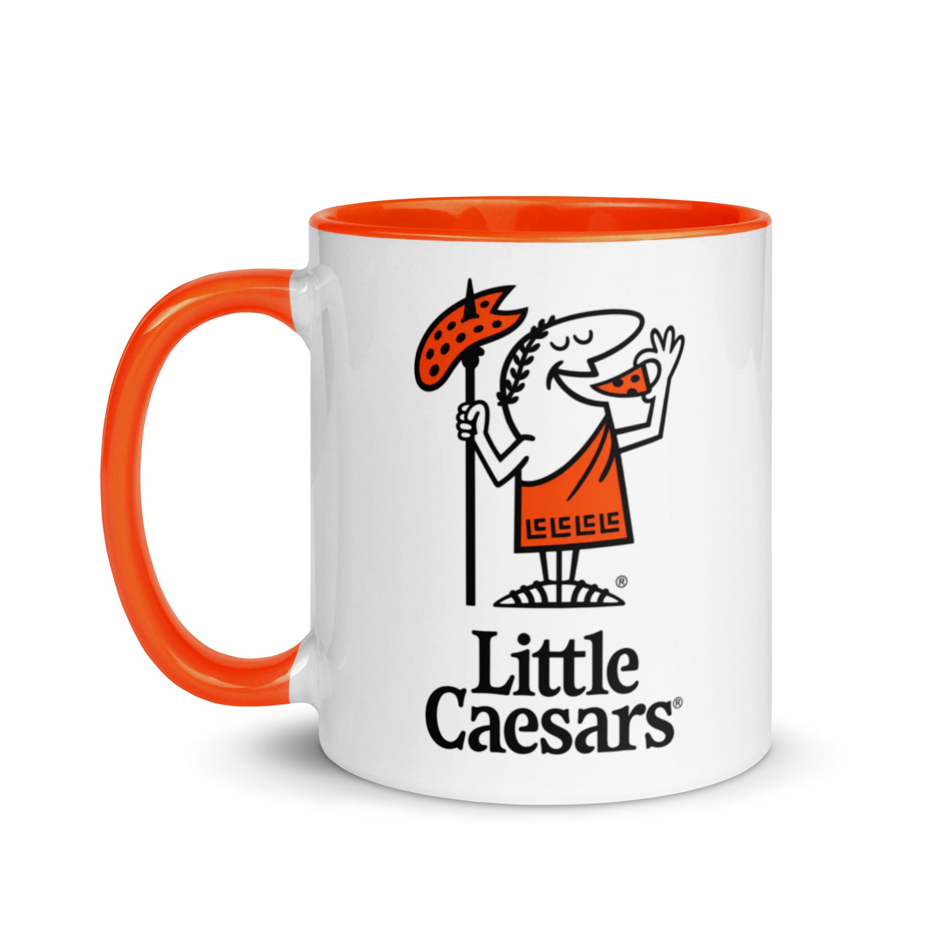 Little Caesars logo coffee mug with classic mascot artwork on white ceramic mug with orange handle and interior, perfect for pizza lovers and restaurant memorabilia collectors.