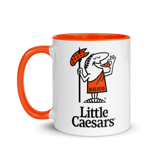 Little Caesars logo coffee mug with classic mascot artwork on white ceramic mug with orange handle and interior, perfect for pizza lovers and restaurant memorabilia collectors.