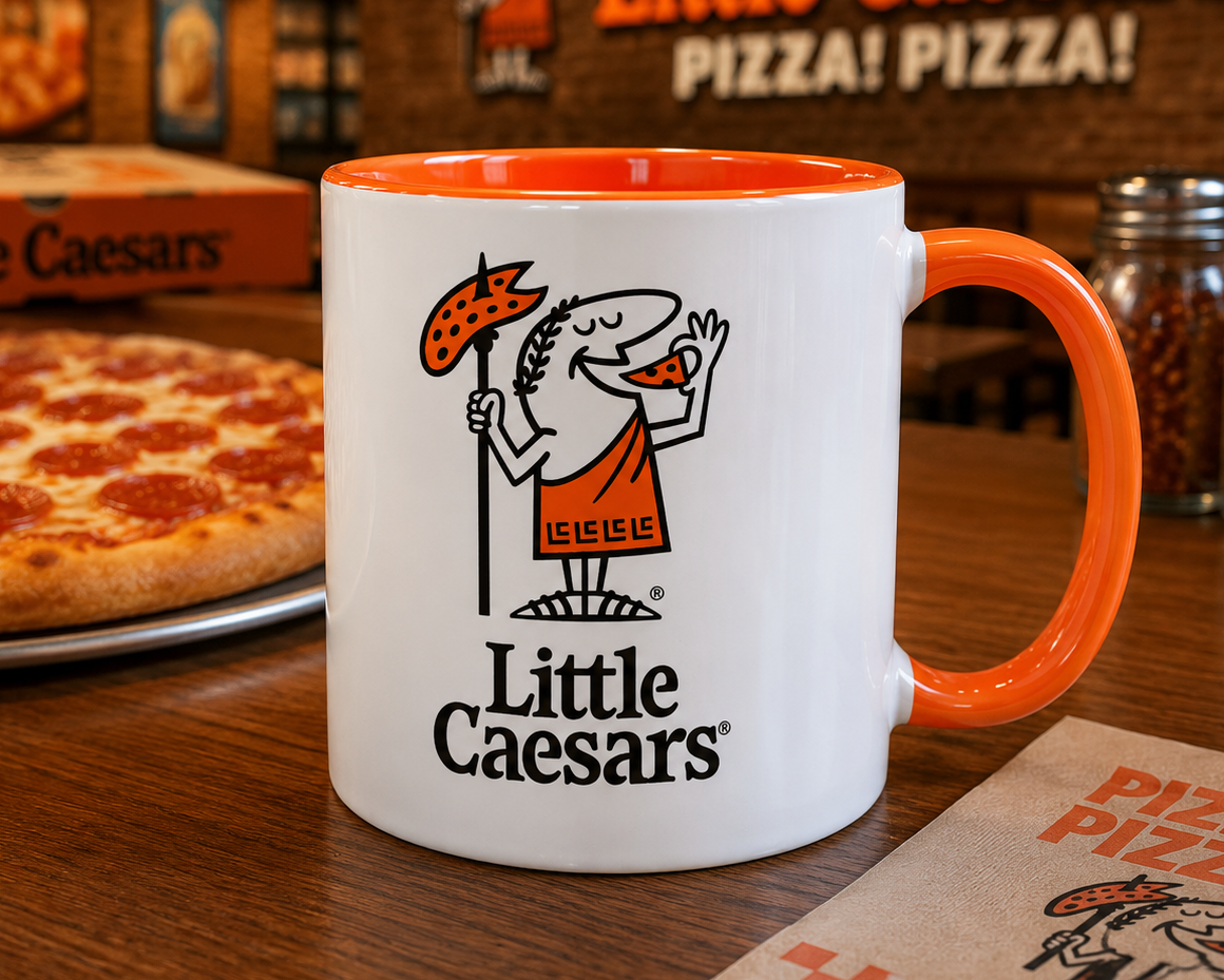 Little Caesars logo coffee mug with classic mascot artwork on white ceramic mug with orange handle and interior, perfect for pizza lovers and restaurant memorabilia collectors.