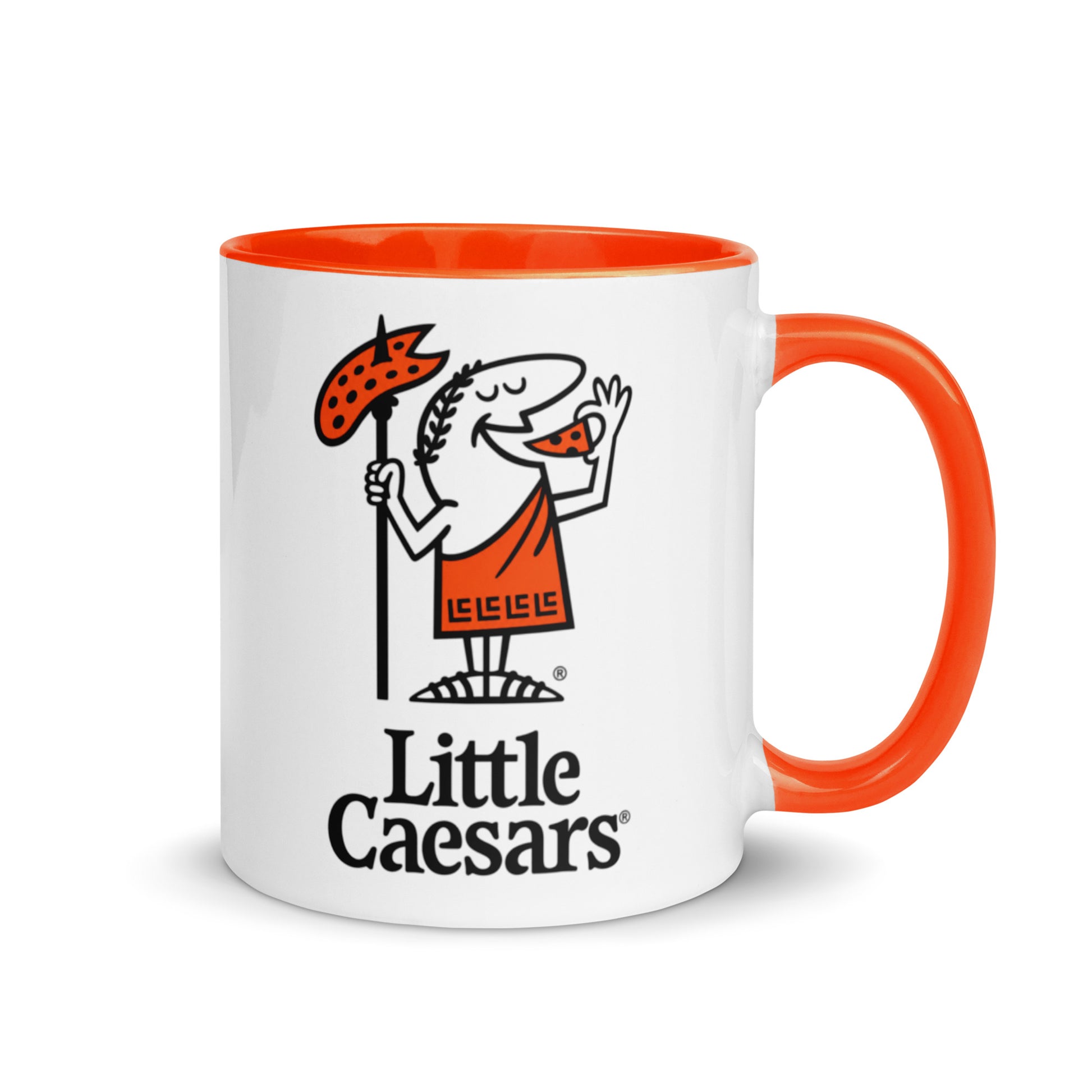 Vintage-style Little Caesars pizza logo mug featuring the iconic mascot holding a pizza slice, collectible coffee cup gift for fast food fans.