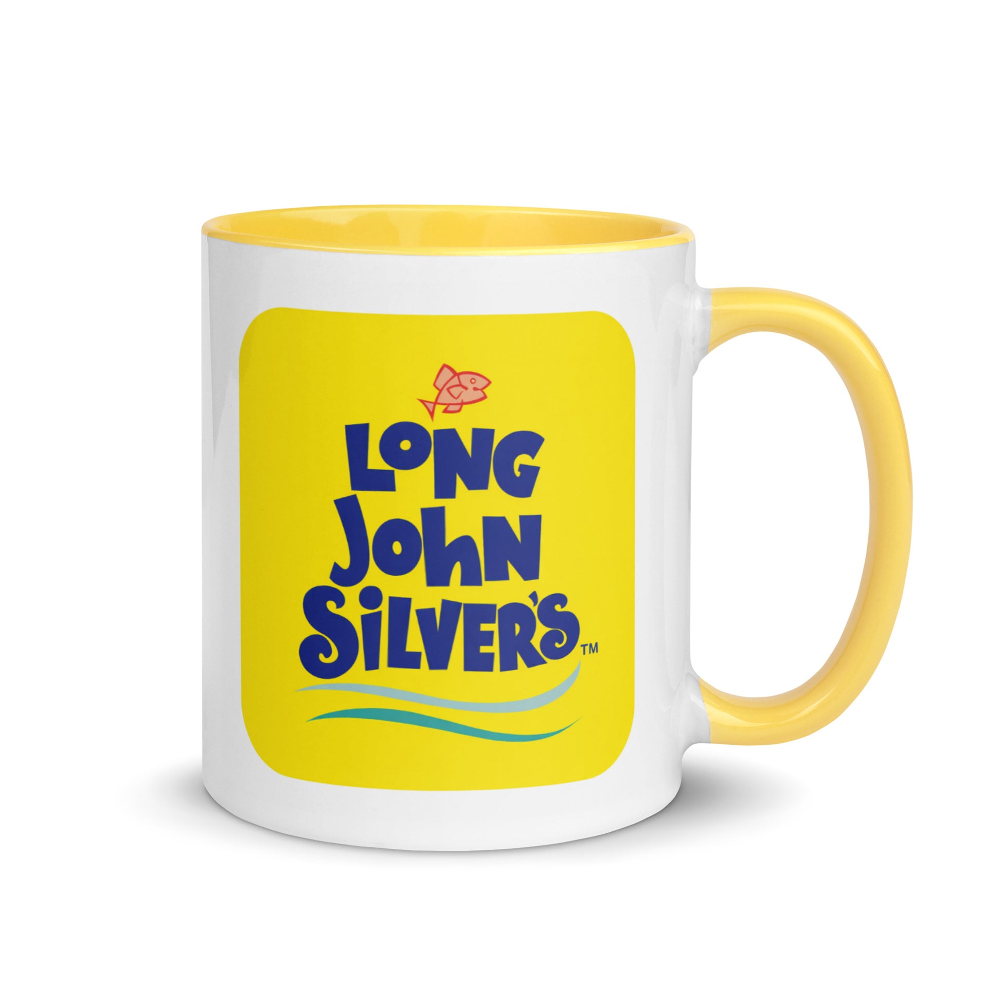 Long John Silver's logo coffee mug featuring the classic seafood restaurant branding on a white ceramic mug with yellow handle and interior, perfect for restaurant memorabilia collectors.