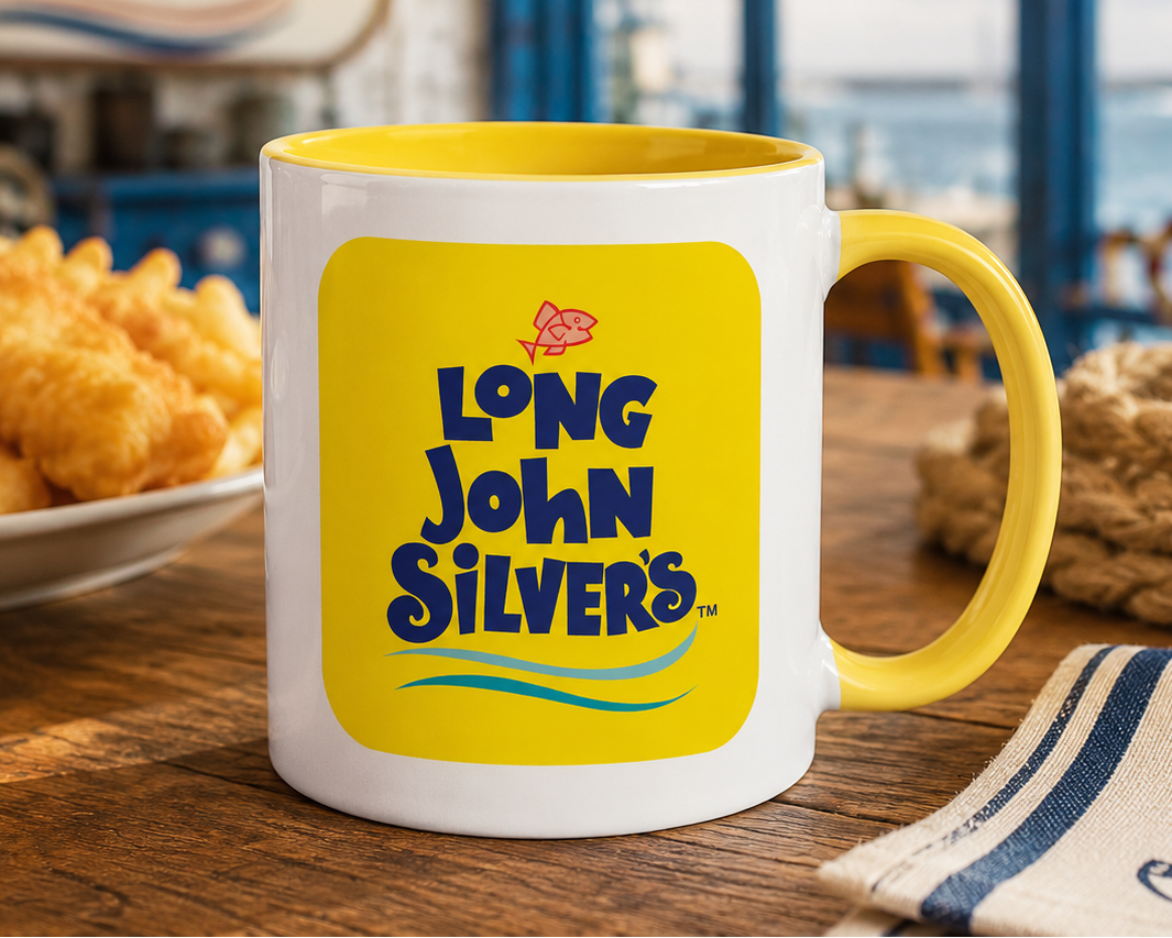 Long John Silver's logo coffee mug featuring the classic seafood restaurant branding on a white ceramic mug with yellow handle and interior, perfect for restaurant memorabilia collectors.