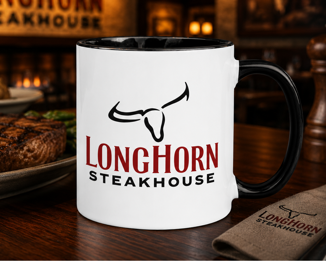 LongHorn Steakhouse logo coffee mug featuring the iconic longhorn graphic on a white ceramic mug with black handle, perfect for steak lovers and restaurant memorabilia collectors.