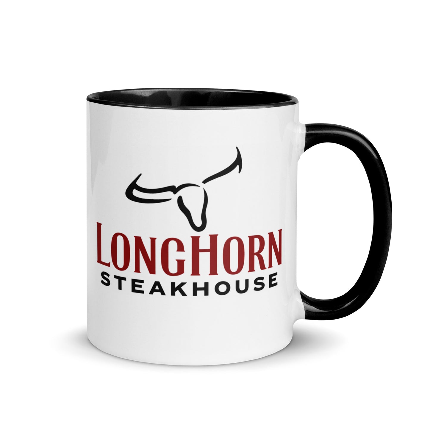 LongHorn Steakhouse logo coffee mug featuring the iconic longhorn graphic on a white ceramic mug with black handle, perfect for steak lovers and restaurant memorabilia collectors.