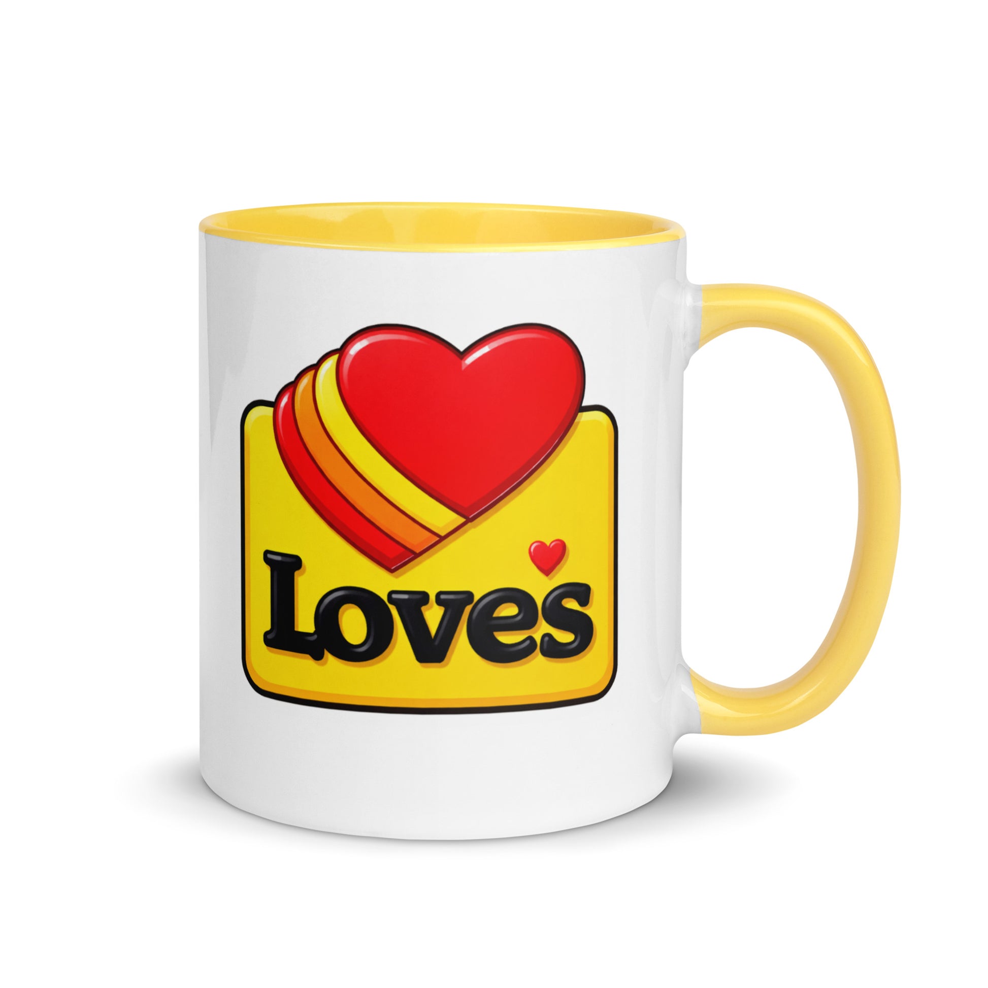 Love's Travel Stops logo coffee mug featuring the iconic heart design on a white ceramic mug with yellow handle and interior, perfect for truckers and travel enthusiasts.