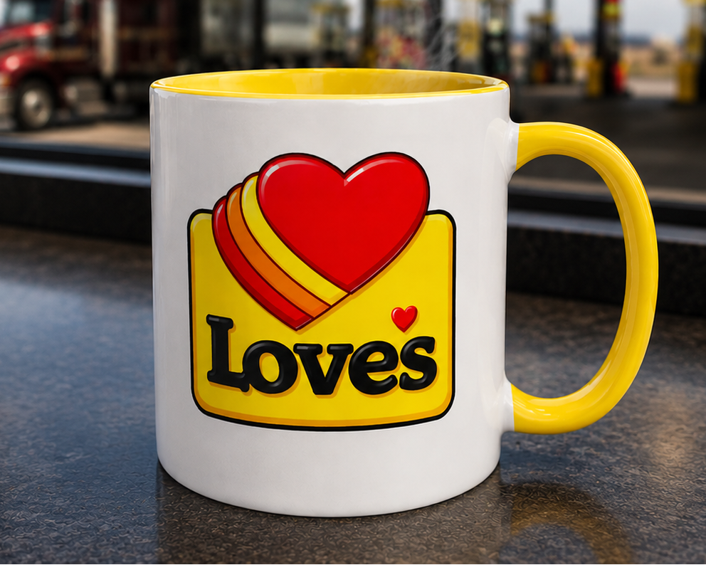 Love's Travel Stops logo coffee mug featuring the iconic heart design on a white ceramic mug with yellow handle and interior, perfect for truckers and travel enthusiasts.