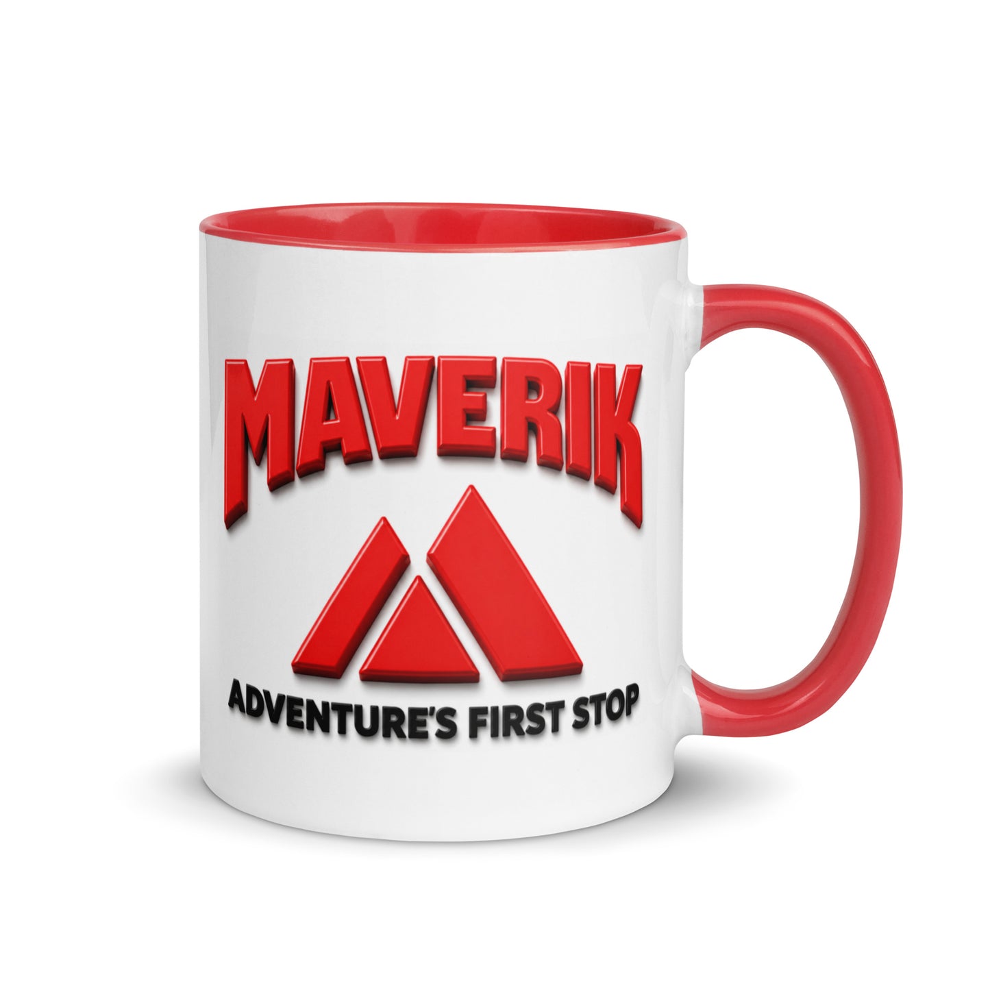 Ceramic Maverik coffee mug with red accent handle and Adventure's First Stop logo, photographed in a premium roadside travel center mockup with scenic mountains.