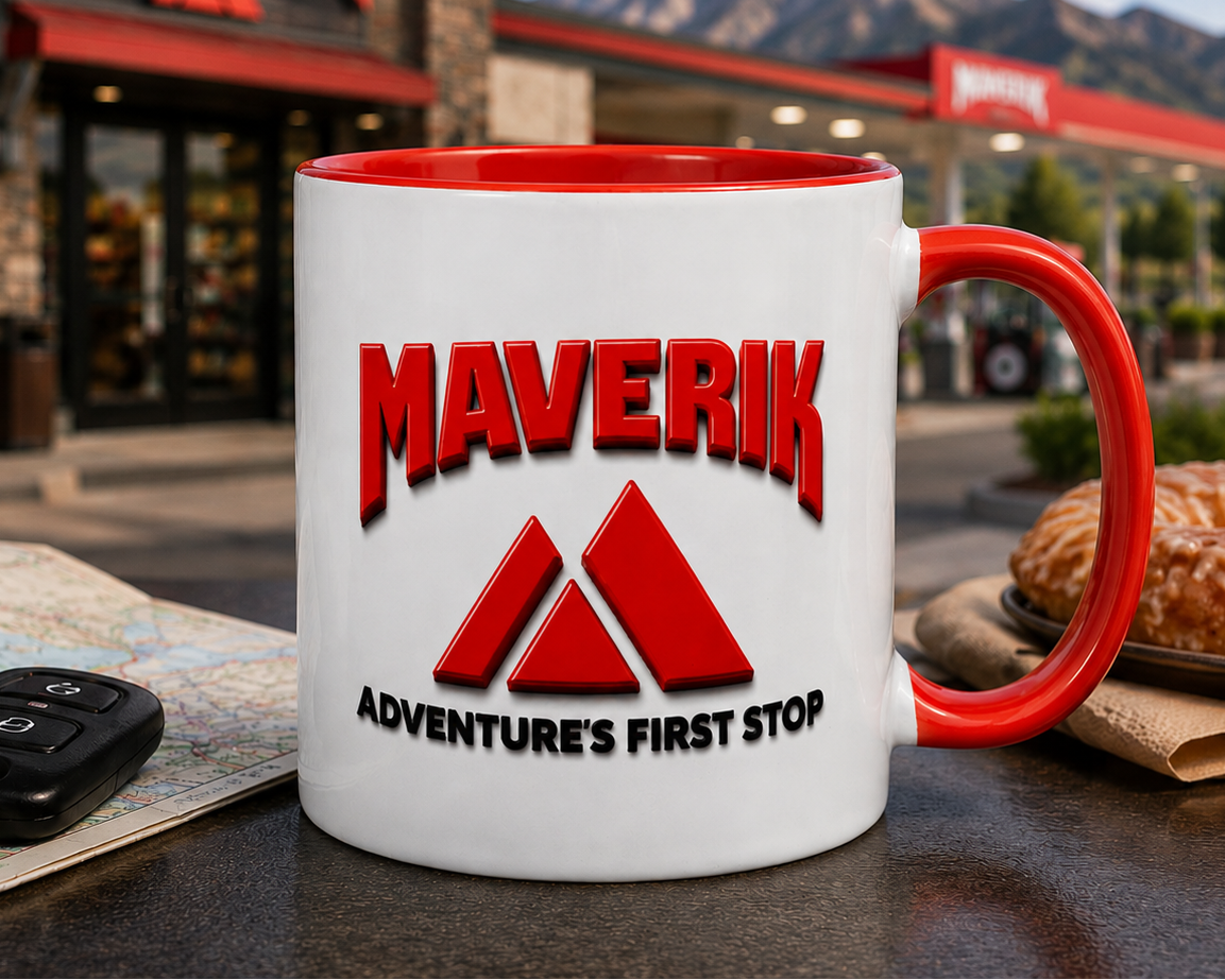 Maverik logo coffee mug on a travel-themed tabletop with map and car key, showcasing a nostalgic road trip and convenience store adventure lifestyle.