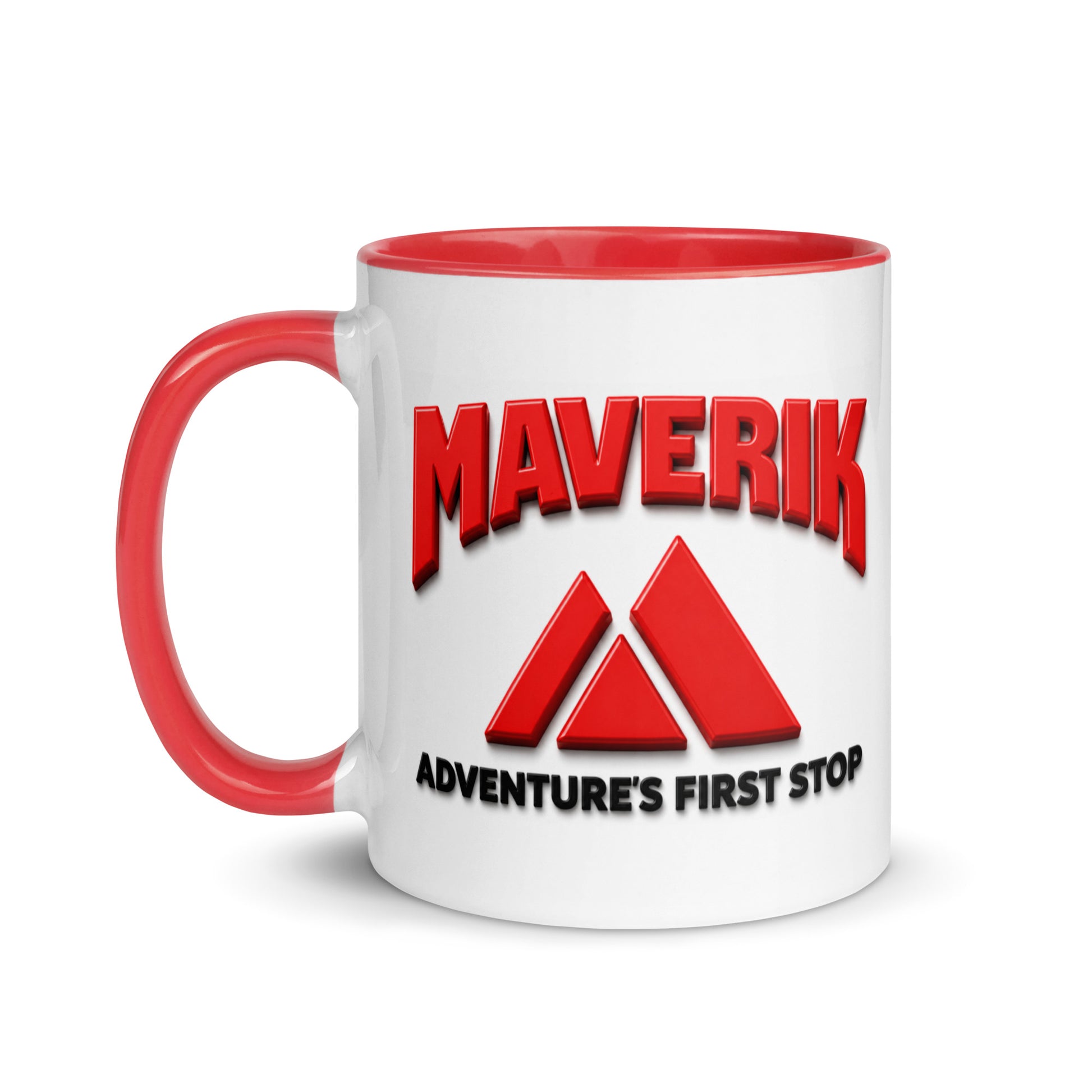 Maverik Adventure's First Stop coffee mug with red handle displayed in a premium travel stop lifestyle setting featuring a road map, car keys, and mountain backdrop.