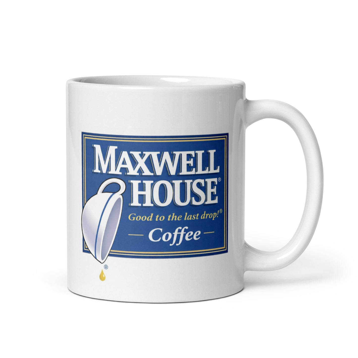 Maxwell House coffee logo mug featuring the classic “Good to the Last Drop” design on a white ceramic coffee cup, perfect for coffee lovers and vintage advertising collectors.