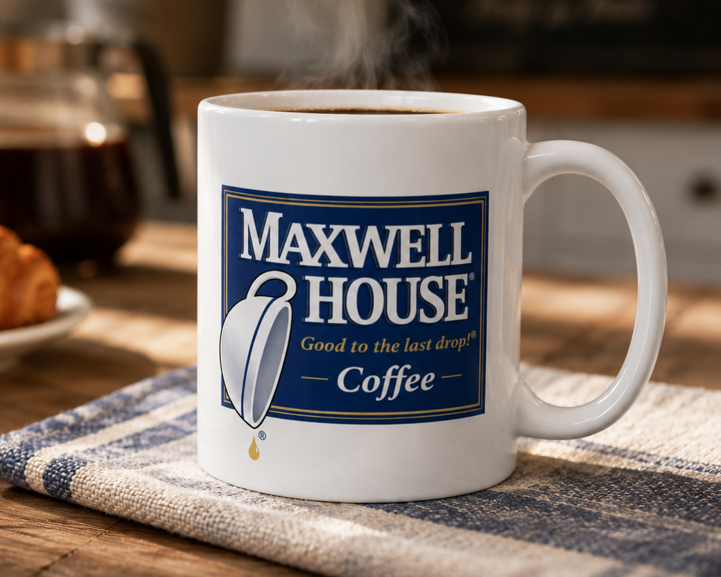 Maxwell House coffee logo mug featuring the classic “Good to the Last Drop” design on a white ceramic coffee cup, perfect for coffee lovers and vintage advertising collectors.
