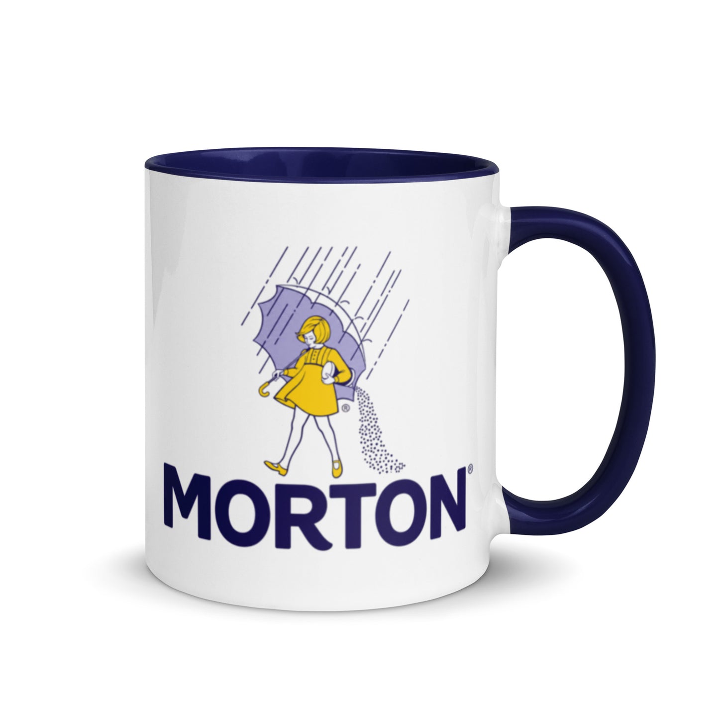 Classic Morton Salt Umbrella Girl logo coffee mug featuring the iconic Morton Salt branding on a white ceramic mug with navy blue handle and interior, perfect for nostalgic kitchen décor and advertising collectors.