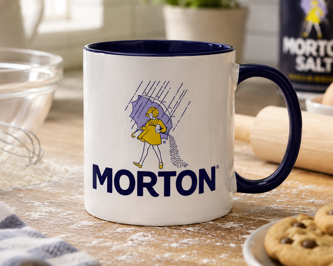 Classic Morton Salt Umbrella Girl logo coffee mug featuring the iconic Morton Salt branding on a white ceramic mug with navy blue handle and interior, perfect for nostalgic kitchen décor and advertising collectors.
