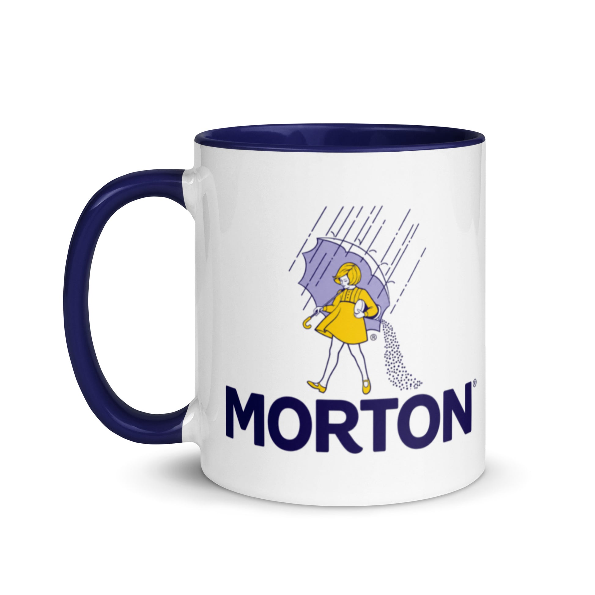 Vintage Morton Salt ceramic coffee mug showcasing the beloved Umbrella Girl logo, an ideal gift for retro advertising enthusiasts, kitchen memorabilia collectors, and classic brand fans.