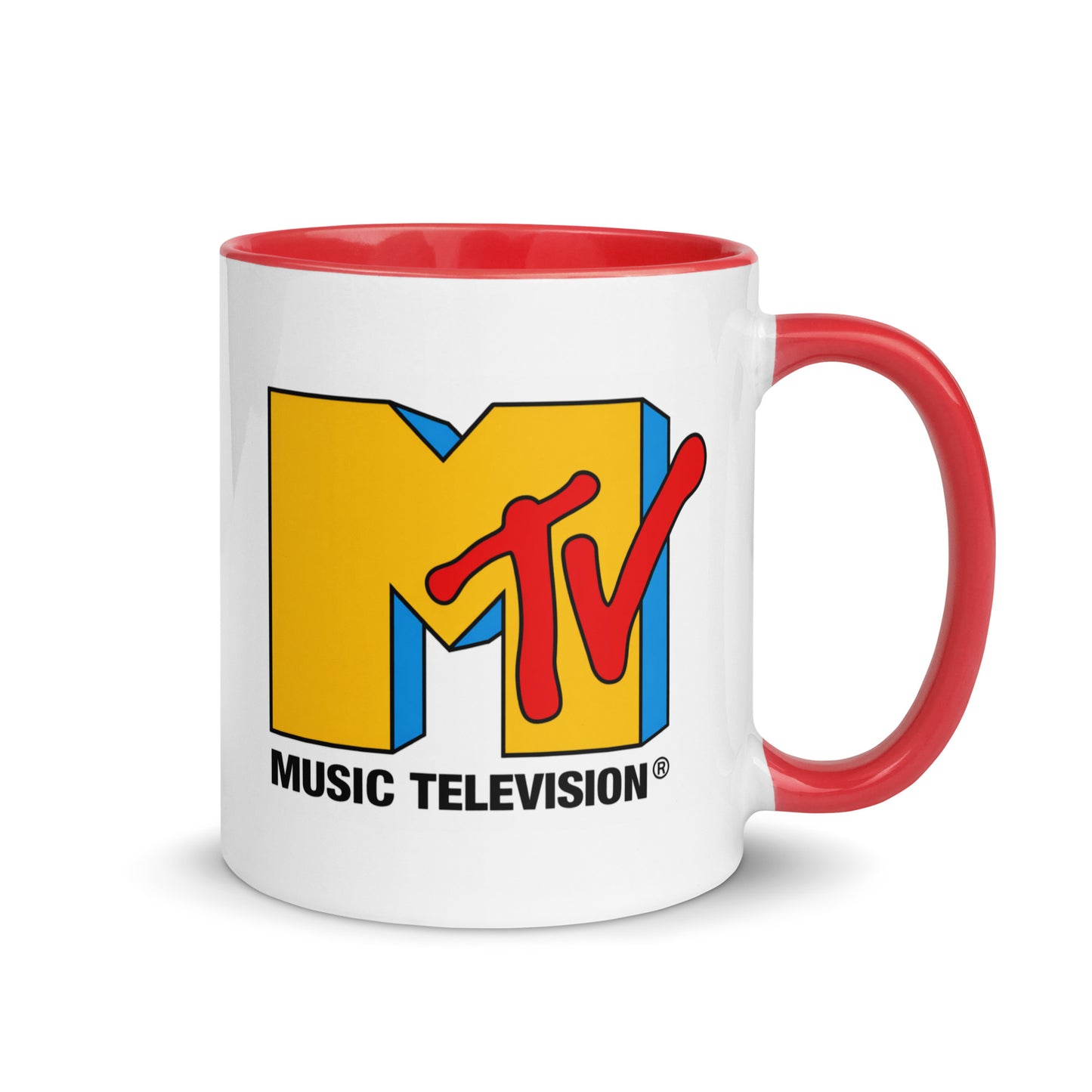 MTV Music Television logo coffee mug with red accent handle and interior, featuring the iconic retro MTV logo on a white ceramic coffee cup.